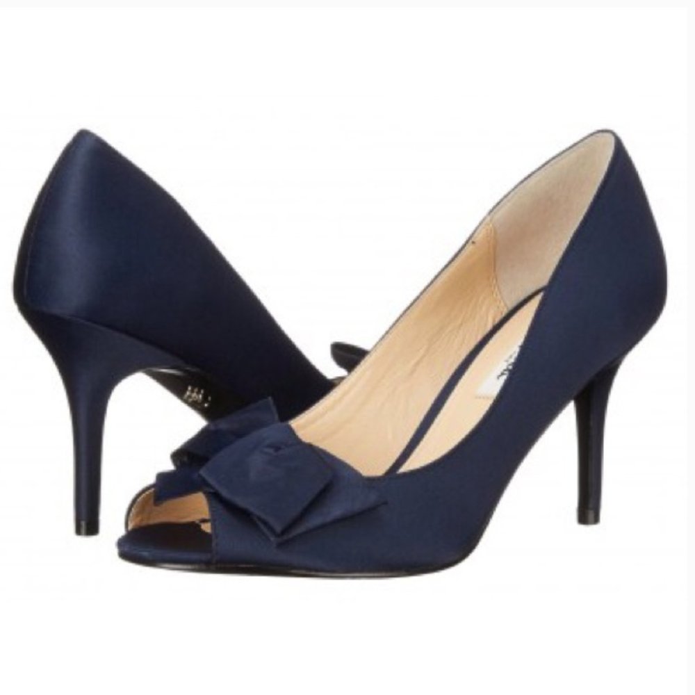 NEW Nina Fraser LS Navy Blue Luster Satin Peep Toe Bow Pumps Heels, 8.5